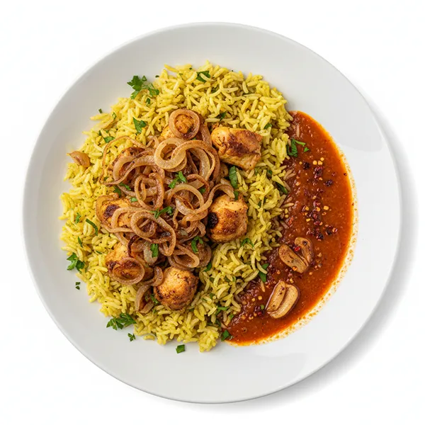 Chicken sayadieh with caramelized onion and garlic pepper sauce